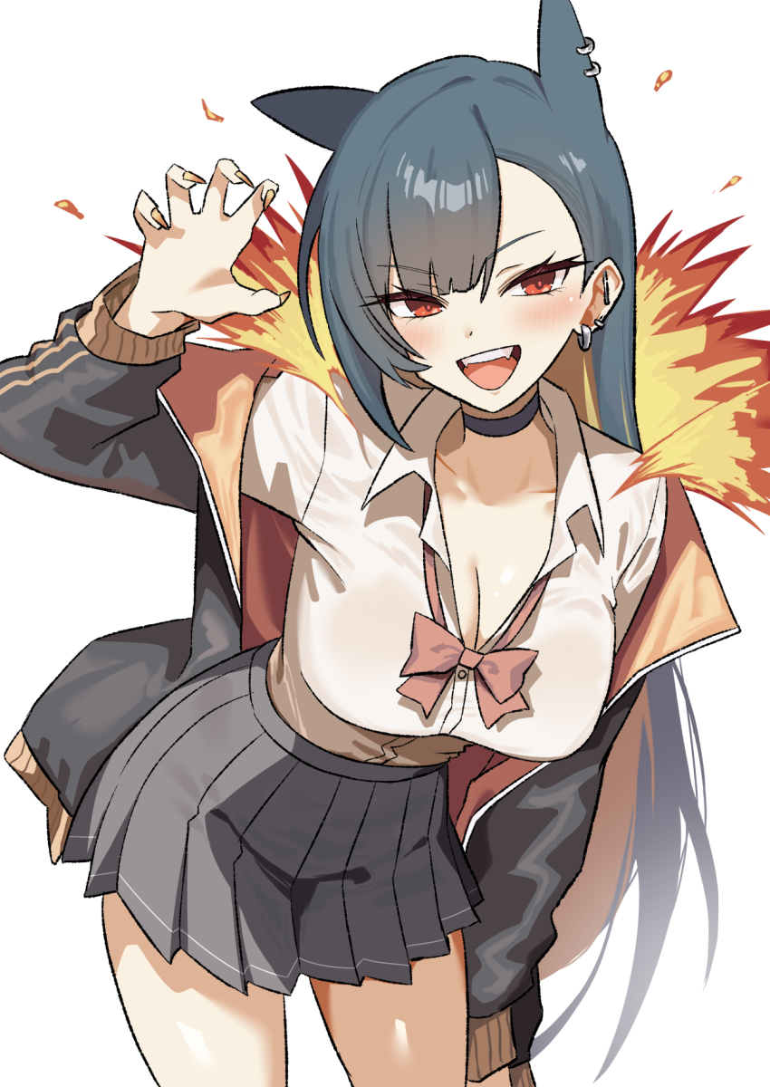 1girl, :d, barbell_piercing, black_choker, black_hair, black_jacket, black_skirt, blonde_hair, breasts, chikakei_(tsuki_no_chika_keikoku), choker, claw_pose, cleavage, collarbone, collared_shirt, colored_inner_hair, commentary_request, ear_piercing, earrings, extra_ears, fangs, fingernails, fire, gen_2_pokemon, gyaru, highres, hoop_earrings, industrial_piercing, jacket, jewelry, kogal, leaning_forward, long_fingernails, long_hair, looking_at_viewer, medium_breasts, miniskirt, multicolored_hair, nintendo, open_clothes, open_collar, open_jacket, open_mouth, personification, piercing, pleated_skirt, pokemon, red_eyes, school_uniform, shirt, simple_background, single_claw_pose, skirt, smile, solo, teeth, track_jacket, typhlosion, upper_teeth_only, v-shaped_eyebrows, very_long_hair, white_background, white_shirt