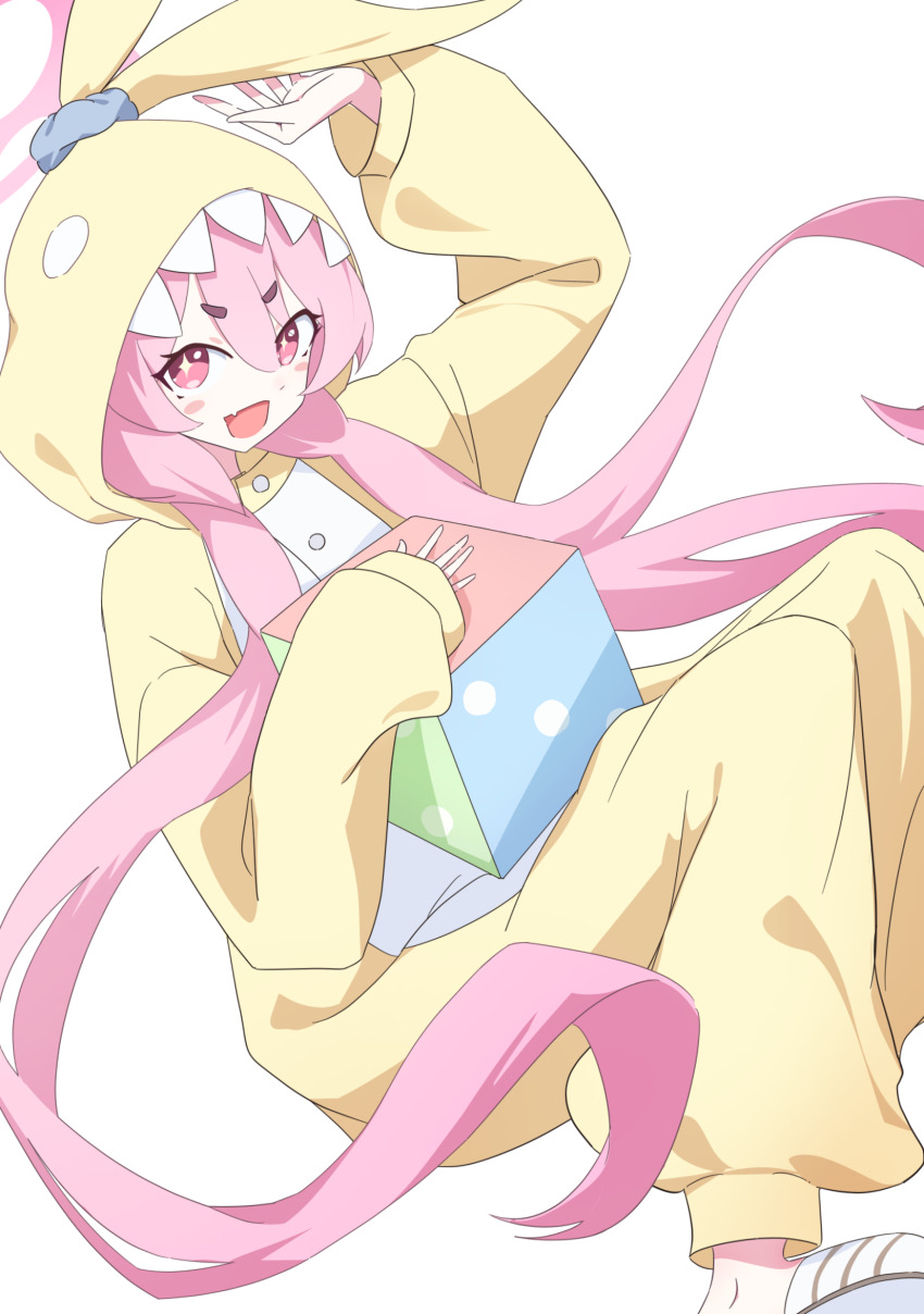 1girl, :d, animal_hood, blue_archive, blush_stickers, commentary, dice, fang