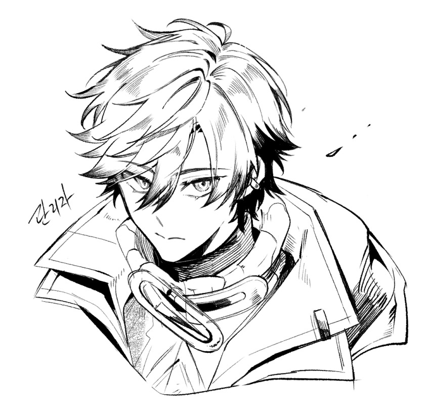 1boy, arknights, arknights:_endfield, closed_mouth, commentary_request, cropped_shoulders, endministrator_(arknights), greyscale