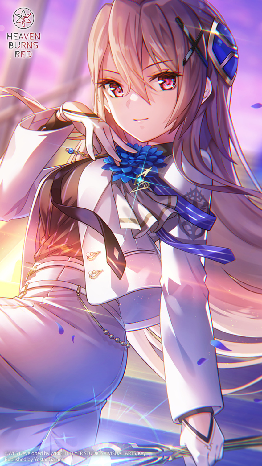 >:), 1girl, black_necktie, black_shirt, blonde_hair, blue_flower, blurry, blurry_background