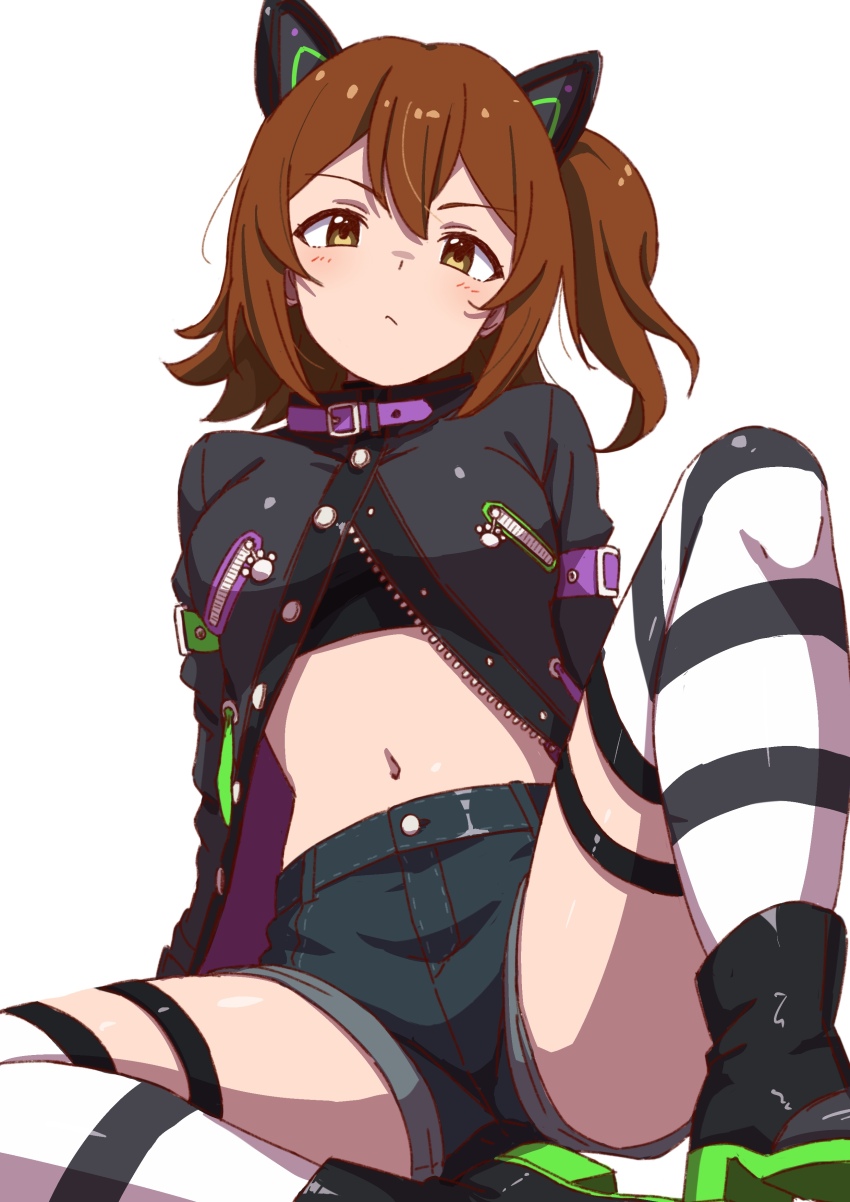 1girl, absurdres, animal_ears, black_boots, black_jacket, blush, boots, brown_eyes