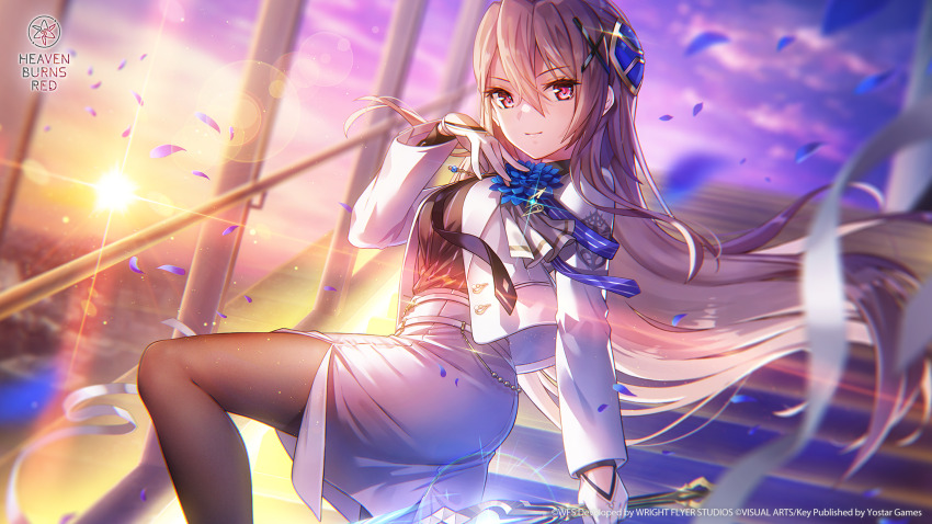 >:), 1girl, black_necktie, black_pantyhose, black_shirt, blonde_hair, blue_flower, blurry, blurry_background, brooch, closed_mouth, cloud, copyright_name, copyright_notice, cowboy_shot, depth_of_field, eyelashes, falling_petals, floating_hair, floating_neckwear, flower, glint, gloves, hair_between_eyes, hair_ornament, hand_up, heaven_burns_red, highres, holding, holding_sword, holding_weapon, jacket, jewelry, light_particles, long_hair, long_sleeves, looking_at_viewer, necktie, official_alternate_costume, official_art, official_wallpaper, on_stairs, open_clothes, open_jacket, outdoors, pantyhose, pencil_skirt, petals, pink_eyes, purple_sky, shirakawa_yuina, shirakawa_yuina_(dusk_blooming_spica), shirt, sidelighting, sidelocks, skirt, sky, smile, solo, standing, sunset, sword, v-shaped_eyebrows, very_long_hair, weapon, white_gloves, white_jacket, white_skirt, x_hair_ornament