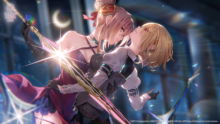2girls, arm_around_another's_waist, backlighting, bare_shoulders, black_choker, black_gloves, black_vest, blonde_hair