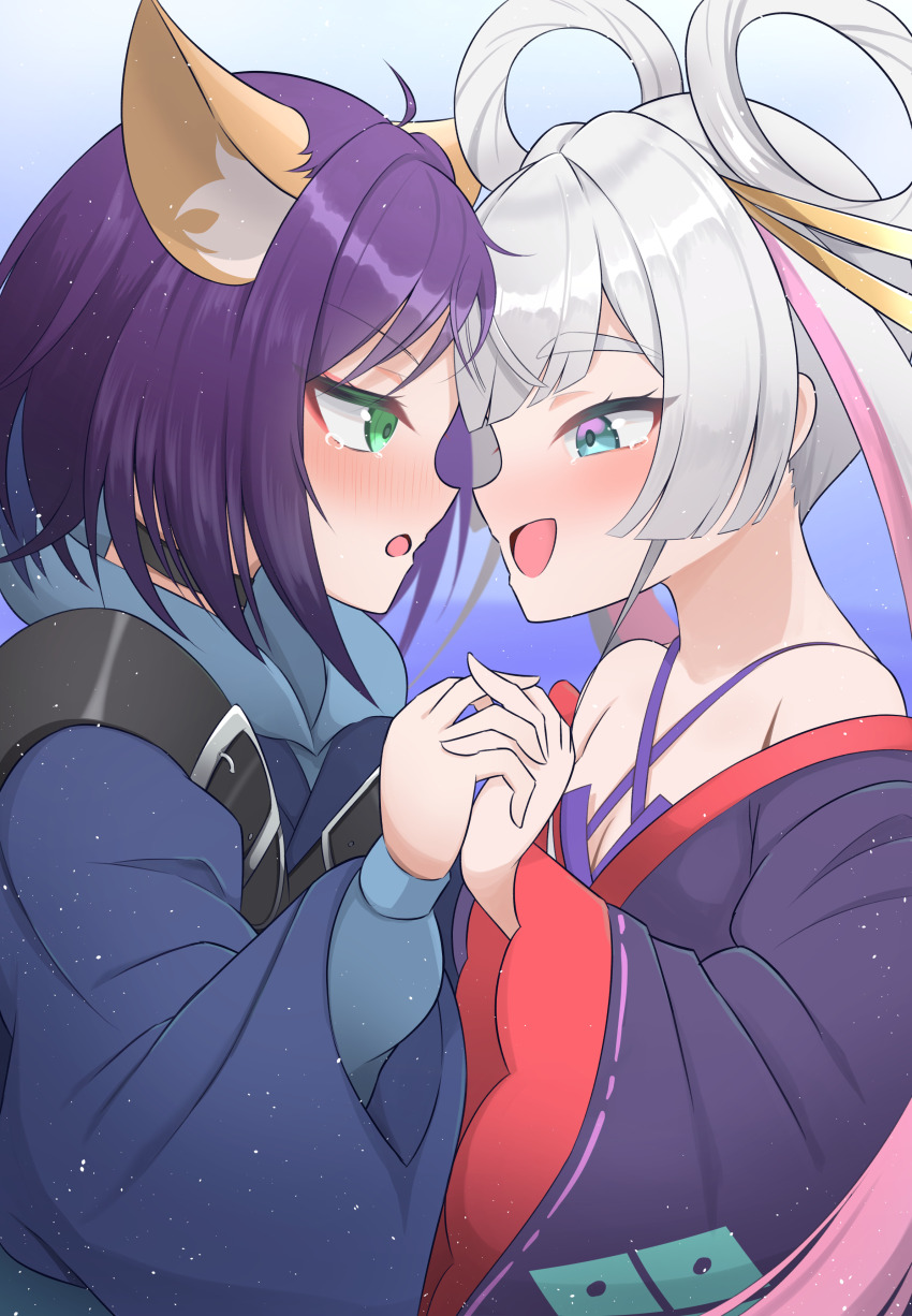 2girls, absurdres, animal_ears, bare_shoulders, black_choker, blue_eyes, blue_hoodie, blush