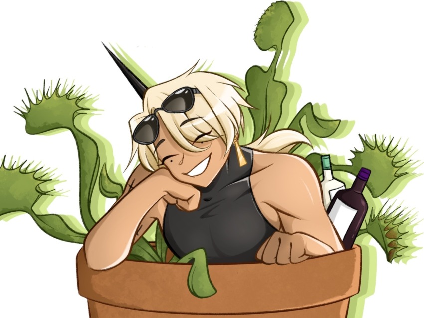 1boy, beelzebub_(what_in_hell_is_bad), bottle, melzooted, plant, potted_plant, shirt, sleeveless