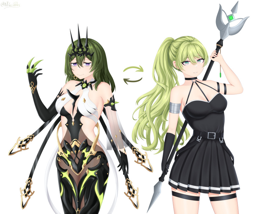 2girls, absurdres, asymmetrical_gloves, black_dress, black_gloves, breasts, claw_ring, closed_mouth