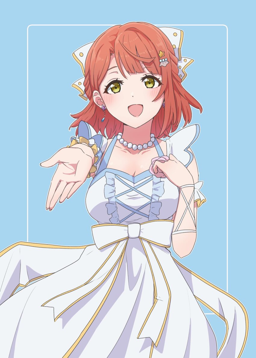 1girl, anata_no_risou_no_heroine, blue_background, blue_bow, blue_dress, blush, bow, breasts