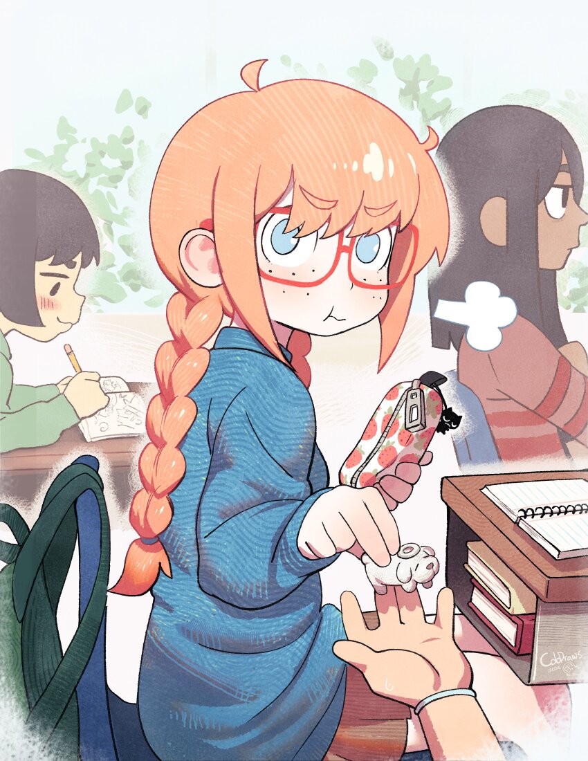 3girls, absurdres, aged_down, animal_charm, artist_name, backpack, bag, black_hair