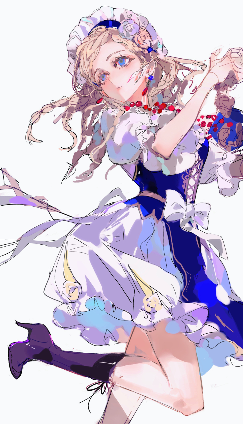 1girl, absurdres, binxngchng1, black_boots, blonde_hair, blue_dress, blue_eyes, boots