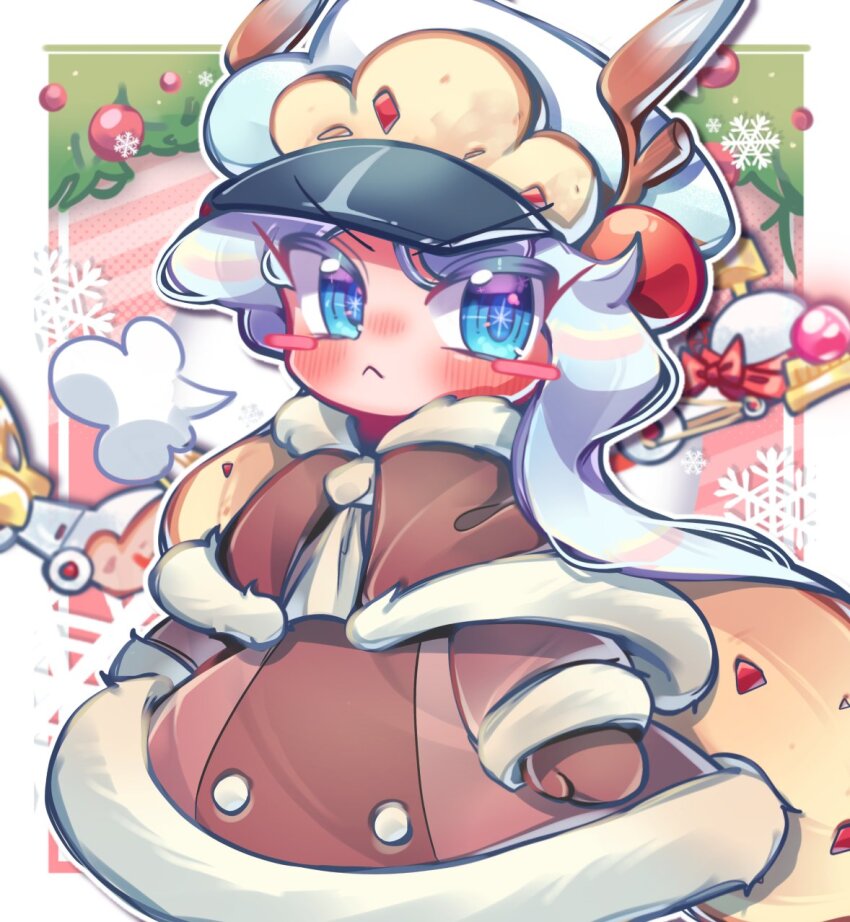 1girl, 9lfylqjnuann3vr, :<, antlers, arms_at_sides, blue_eyes, blue_hair, blue_hat