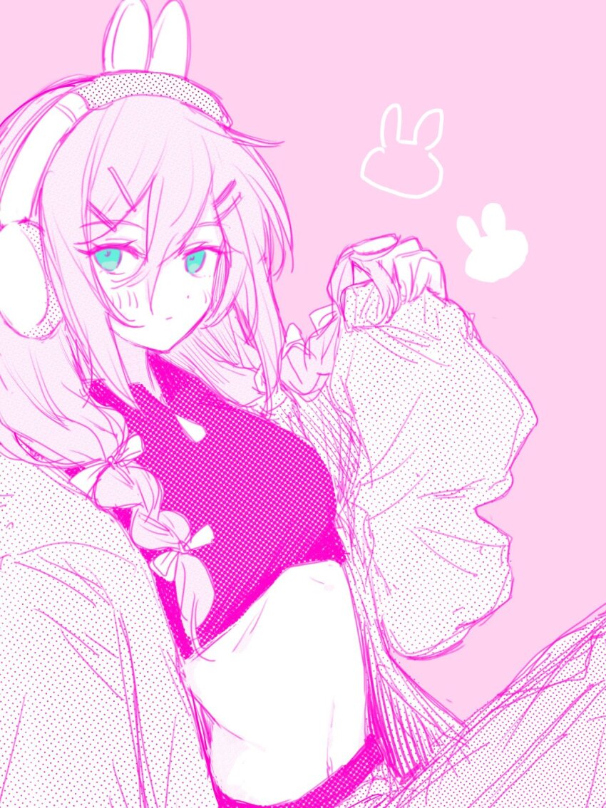 1girl, animal_ear_headphones, animal_ears, aqua_eyes, arm_at_side, aubrey_(birthday)_(omori), aubrey_(faraway)_(omori), aubrey_(omori)