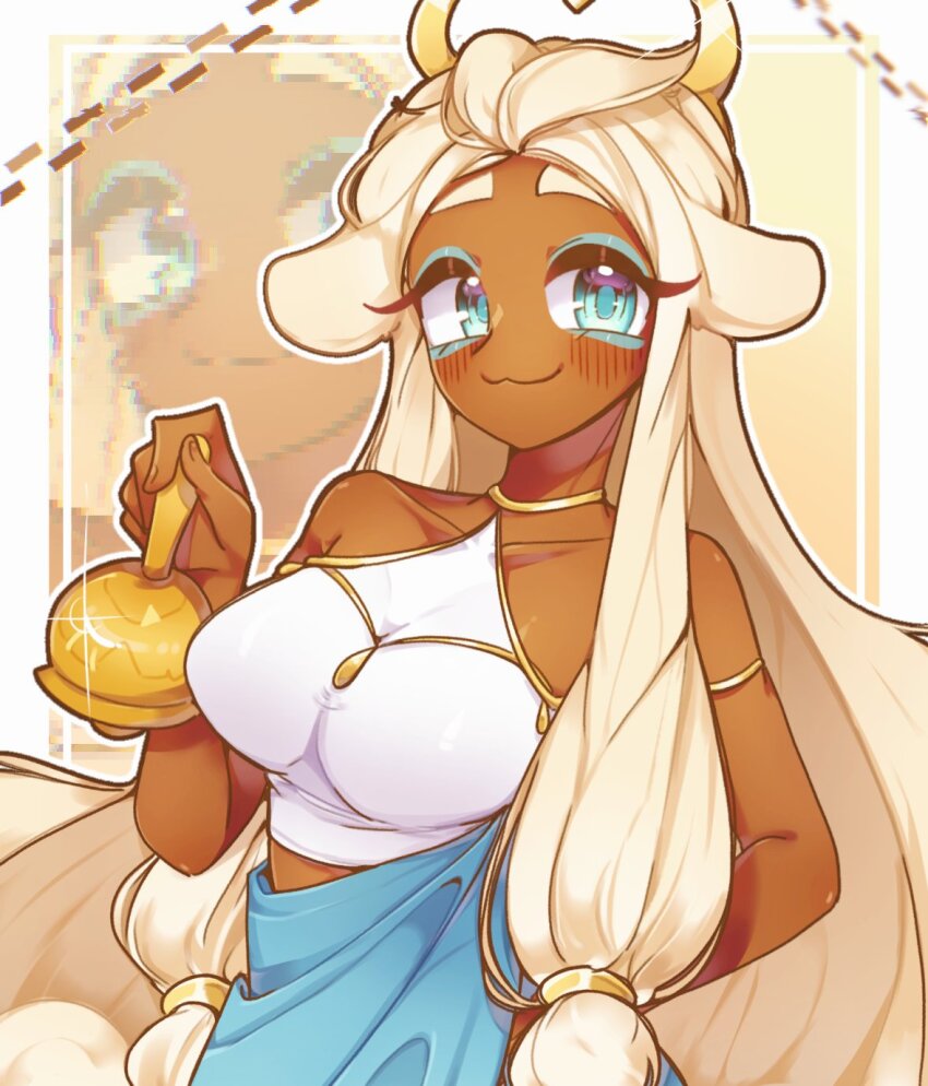 1girl, 9lfylqjnuann3vr, :3, bare_arms, bare_shoulders, bell, blonde_hair, blue_eyes, blue_eyeshadow, blue_skirt, blush, border, breasts, chromatic_aberration, closed_mouth, collarbone, commentary_request, cookie_run, cookie_run:_kingdom, crop_top, cropped_shirt, dark-skinned_female, dark_skin, dress, eyeshadow, fingernails, forehead, gold_trim, hair_flaps, hair_slicked_back, hair_tie, hand_on_own_hip, hand_up, highres, holding, holding_bell, humanization, impossible_clothes, impossible_shirt, inset_border, korean_commentary, large_breasts, long_hair, long_sidelocks, looking_at_viewer, low-tied_sidelocks, makeup, mozzarella_cookie, outline, outside_border, raised_eyebrows, shirt, sidelocks, simple_background, skirt, sleeveless, sleeveless_dress, smile, solo, tareme, upper_body, very_long_hair, white_border, white_outline, white_shirt, zoom_layer