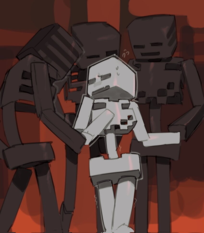 1kogito1, 4boys, black_skin, colored_skin, commentary, english_commentary, flying_sweatdrops, highres, legs_together, looking_at_another, looking_down, looking_up, male_focus, minecraft, multiple_boys, skeleton_(minecraft), sweat, tall_male, the_nether_(minecraft), trembling, undead, white_skin, wither_skeleton_(minecraft), yaoi