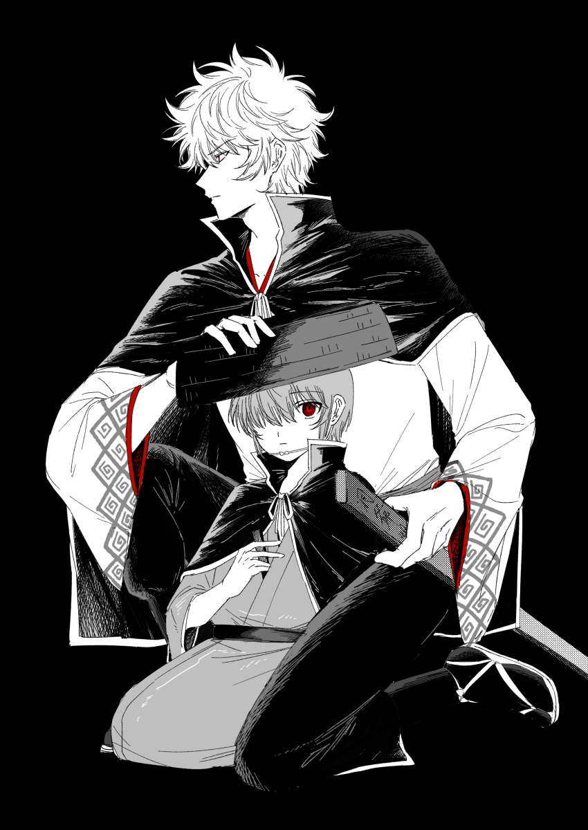2boys, absurdres, aged_down, black_background, bowl, bowl_hat, cape, gintama