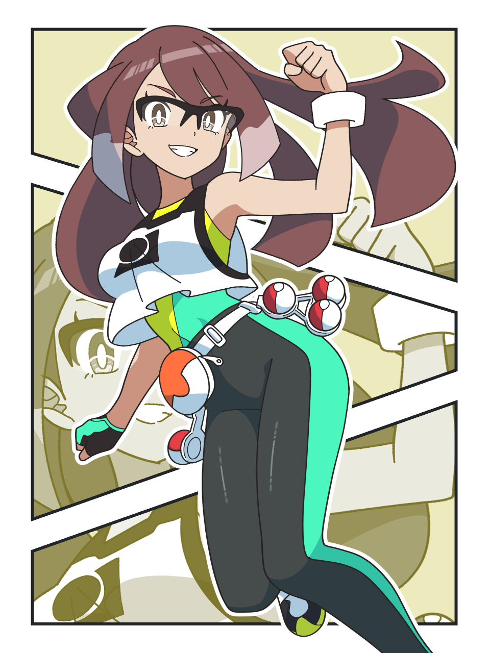 1girl, arm_up, black-framed_eyewear, bodysuit, breasts, brown_eyes, brown_hair, clenched_hands