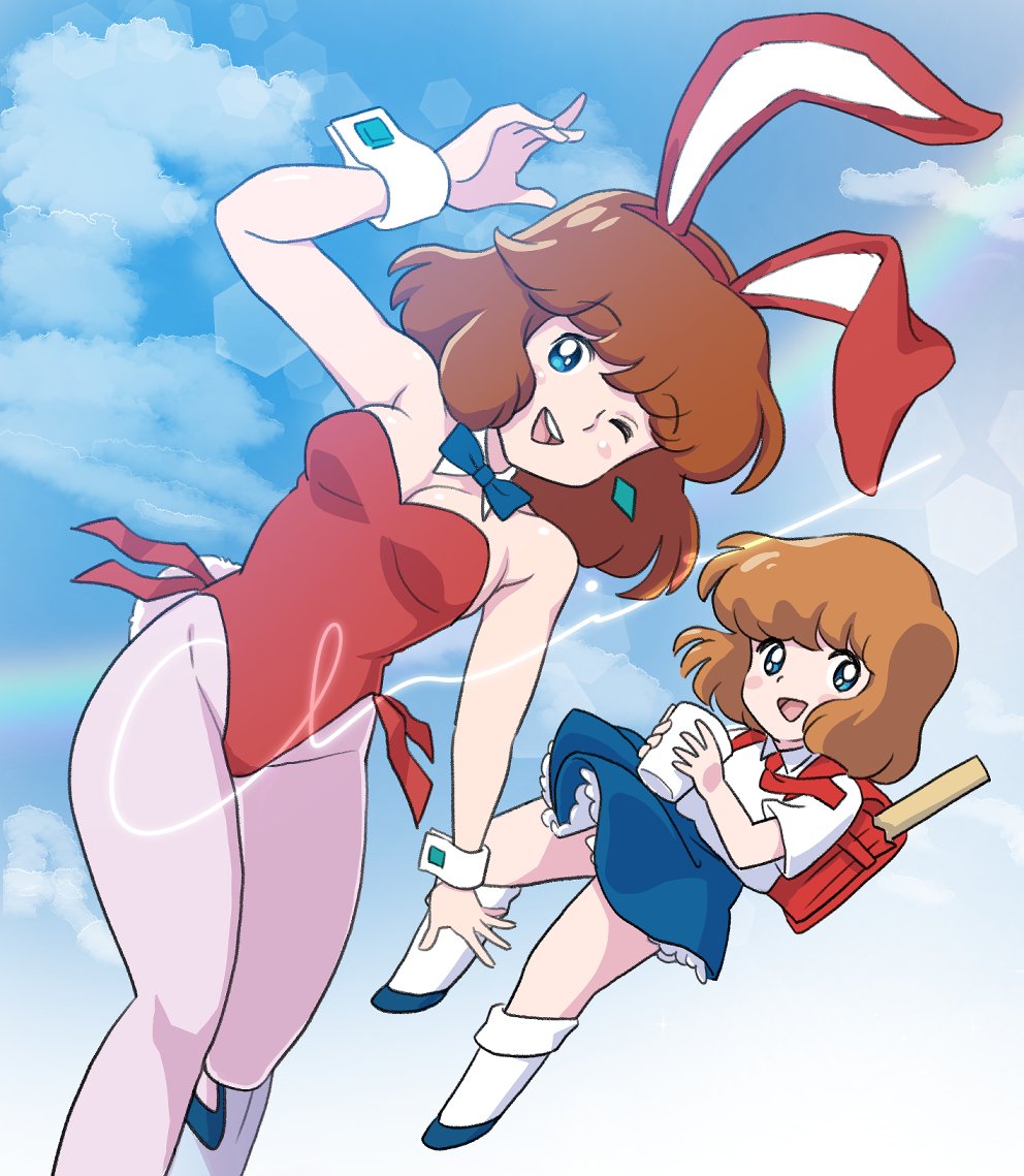 2girls, animal_ear_hairband, animal_ears, backpack, bag, blue_bow, blue_bowtie, blue_eyes, blue_skirt, blue_sky, bow, bowtie, brown_hair, chiekichi, cloud, collared_shirt, daicon, daicon_bunny_girl, daicon_girl, daicon_iii, daicon_iv, detached_collar, dress_shirt, earrings, fake_animal_ears, hairband, hashtag-only_commentary, jewelry, leotard, multiple_girls, one_eye_closed, pantyhose, playboy_bunny, purple_pantyhose, rabbit_ears, rabbit_tail, randoseru, red_leotard, shirt, short_hair, side-tie_leotard, skirt, sky, strapless, strapless_leotard, tail, white_shirt, wrist_cuffs