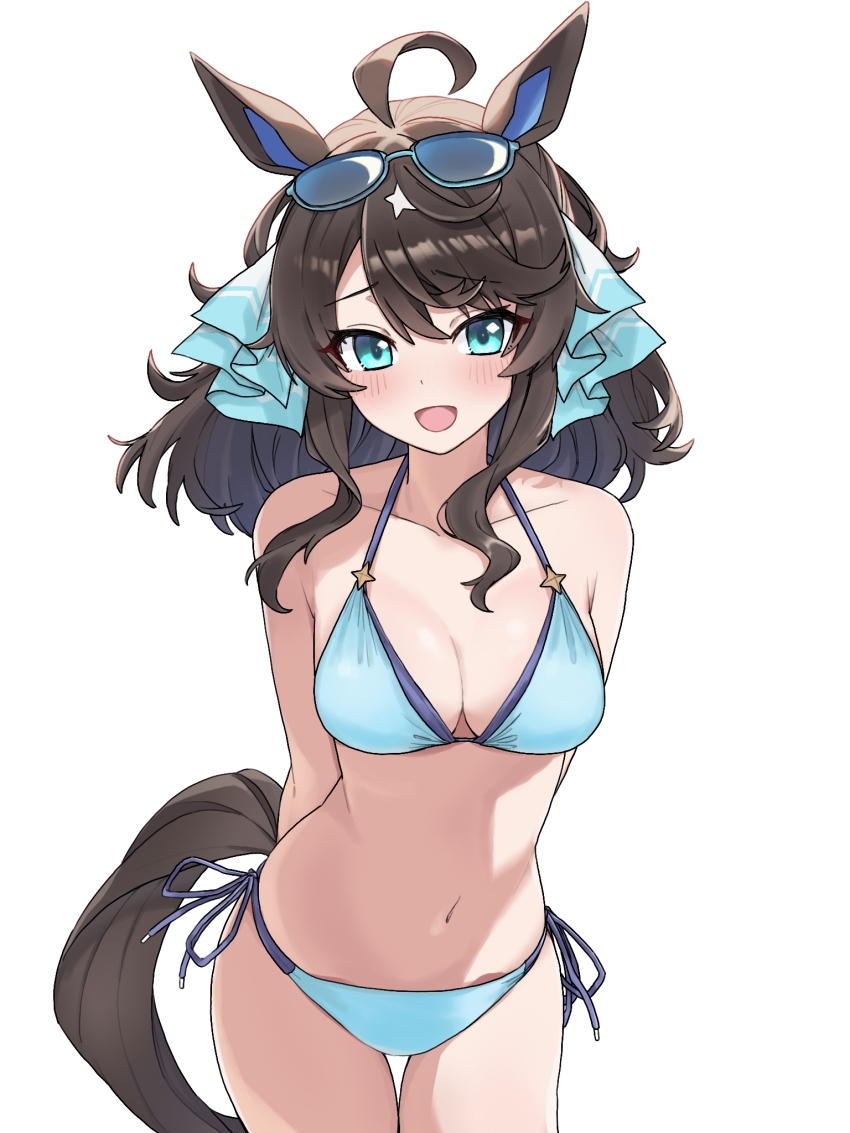 1girl, ahoge, alternate_costume, animal_ears, arms_behind_back, bikini, black_hair, blue_eyes