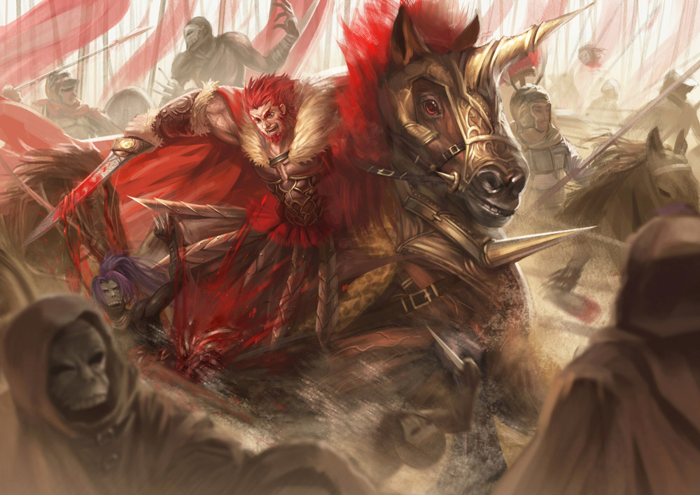 1boy, armor, assassin_(fate/zero), barding, battle, blood, bucephalus_(fate), epic, fate/stay_night, fate/zero, fate_(series), female_assassin_(fate/zero), horse, iskandar_(fate), male_focus, manly, medieval, red_hair, saber_01, sword, weapon