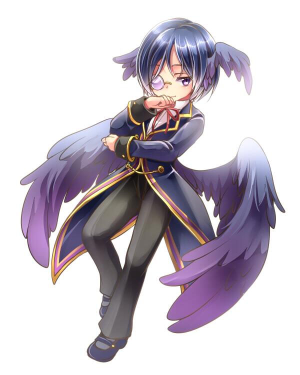 1boy, black_hair, black_pants, black_shoes, black_wings, blue_jacket, chokobanira, commentary_request, emil_chronicle_online, head_wings, jacket, monocle, neck_ribbon, pants, purple_eyes, red_ribbon, ribbon, shirt, shoes, shugoma_rougetsu, solo, white_background, white_shirt, wings