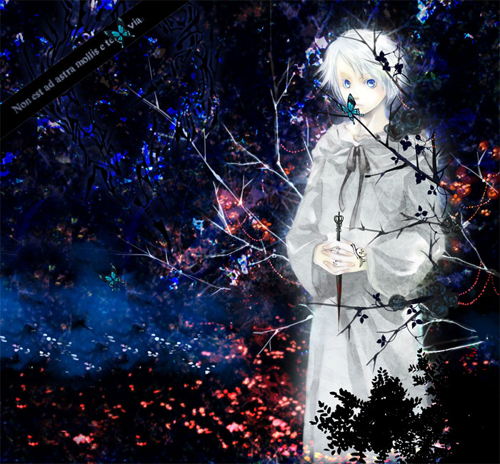 1girl, blue_eyes, bug, butterfly, dress, female_focus, gown, grey_hair