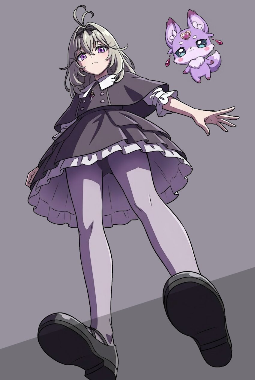 1girl, antenna_hair, black_capelet, black_shoes, black_skirt, capelet, closed_mouth, commentary_request