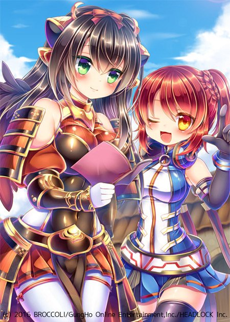 2016, 2girls, armor, bare_shoulders, black_gloves, black_hair, black_thighhighs, black_wings