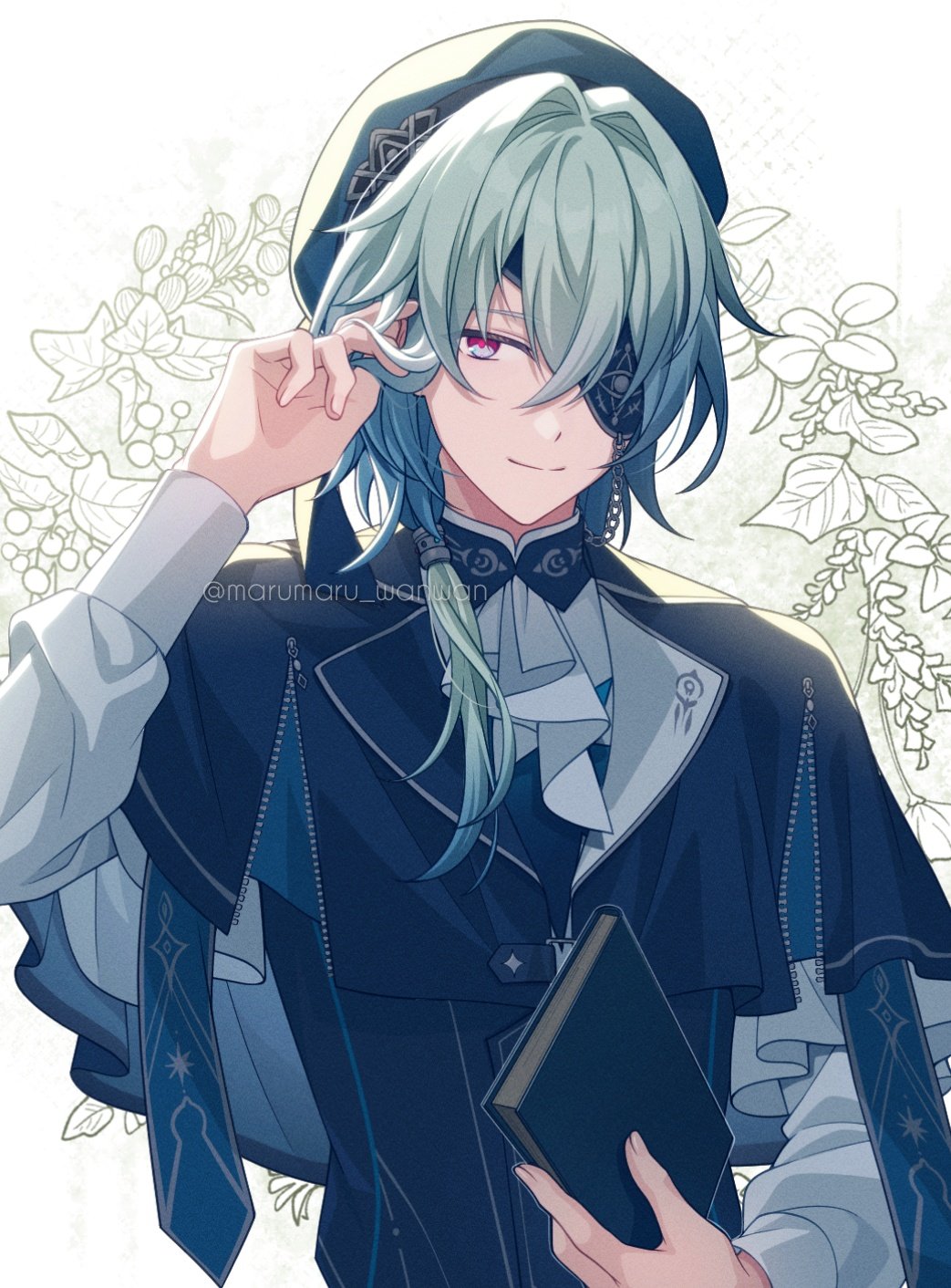 1boy, anaxa_(honkai:_star_rail), anaxa_(impression)_(honkai:_star_rail), aqua_hair, black_hat, black_shirt, book, closed_mouth