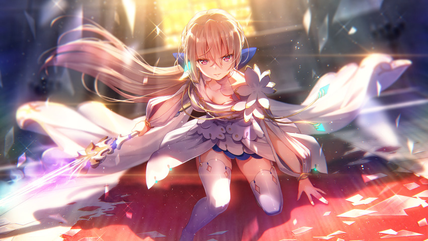 1girl, \||/, backlighting, blonde_hair, blue_bow, blurry, blurry_background, bow