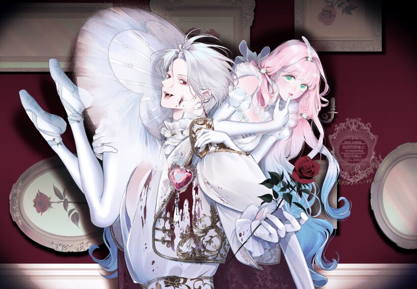 1boy, 1girl, b_etty01tm, ballet_slippers, blood, blood_on_clothes, blood_on_face, blue_hair, carrying, commentary_request, elbow_gloves, fangs, feathers, flower, gloves, hair_flower, hair_ornament, hana_himeru_kimi_no_meteor, hand_on_another's_leg, heart-shaped_gem, hetero, highres, holding, holding_flower, lavi_van_valentin, looking_at_viewer, multicolored_hair, official_art, pantyhose, pectoral_cleavage, pectorals, picture_frame, pink_hair, princess_carry, red_eyes, red_flower, red_rose, rose, stella_quinwich, tutu, two-tone_hair, vampire, white_flower, white_gloves, white_hair, white_pantyhose, white_rose
