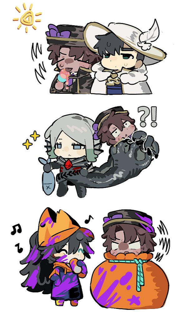 !?, 1girl, 3boys, :<, animal, black_hair, black_hat, blue_eyes