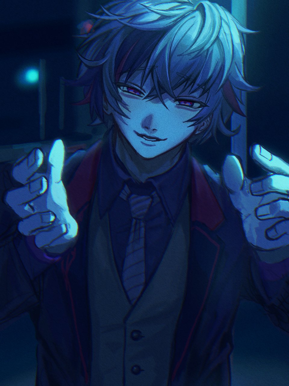 1boy, diagonal-striped_clothes, diagonal-striped_necktie, fuwa_minato, fuwa_minato_(2nd_costume), grey_hair, grey_vest, hair_between_eyes, highres, jacket, long_sleeves, looking_at_viewer, male_focus, multicolored_hair, necktie, nijisanji, nnkkrr_28, open_clothes, open_jacket, open_mouth, outdoors, outstretched_arms, purple_eyes, smile, solo, streaked_hair, striped_clothes, striped_necktie, upper_body, vest, virtual_youtuber, waistcoat