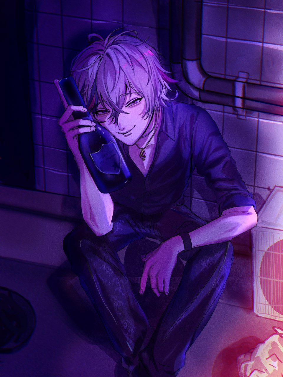 1boy, arm_on_own_leg, black_pants, black_shirt, bottle, closed_mouth, fuwa_minato, fuwa_minato_(2nd_costume), grey_hair, hair_between_eyes, hand_up, highres, holding, holding_bottle, industrial_pipe, jewelry, male_focus, multicolored_hair, necklace, nijisanji, nnkkrr_28, on_ground, pants, pendant, purple_eyes, shirt, short_hair, sitting, smile, solo, streaked_hair, tile_wall, tiles, virtual_youtuber, wristband