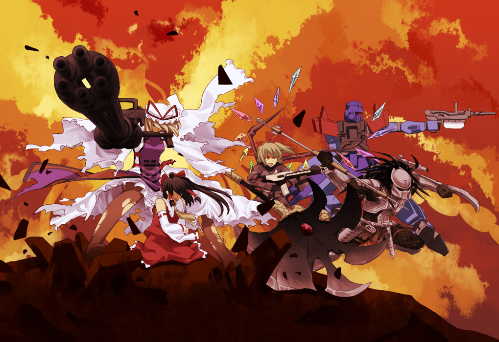 3girls, alien, alternate_costume, arm_cannon, bad_id, bad_pixiv_id, blue_destiny_01, blue_destiny_02