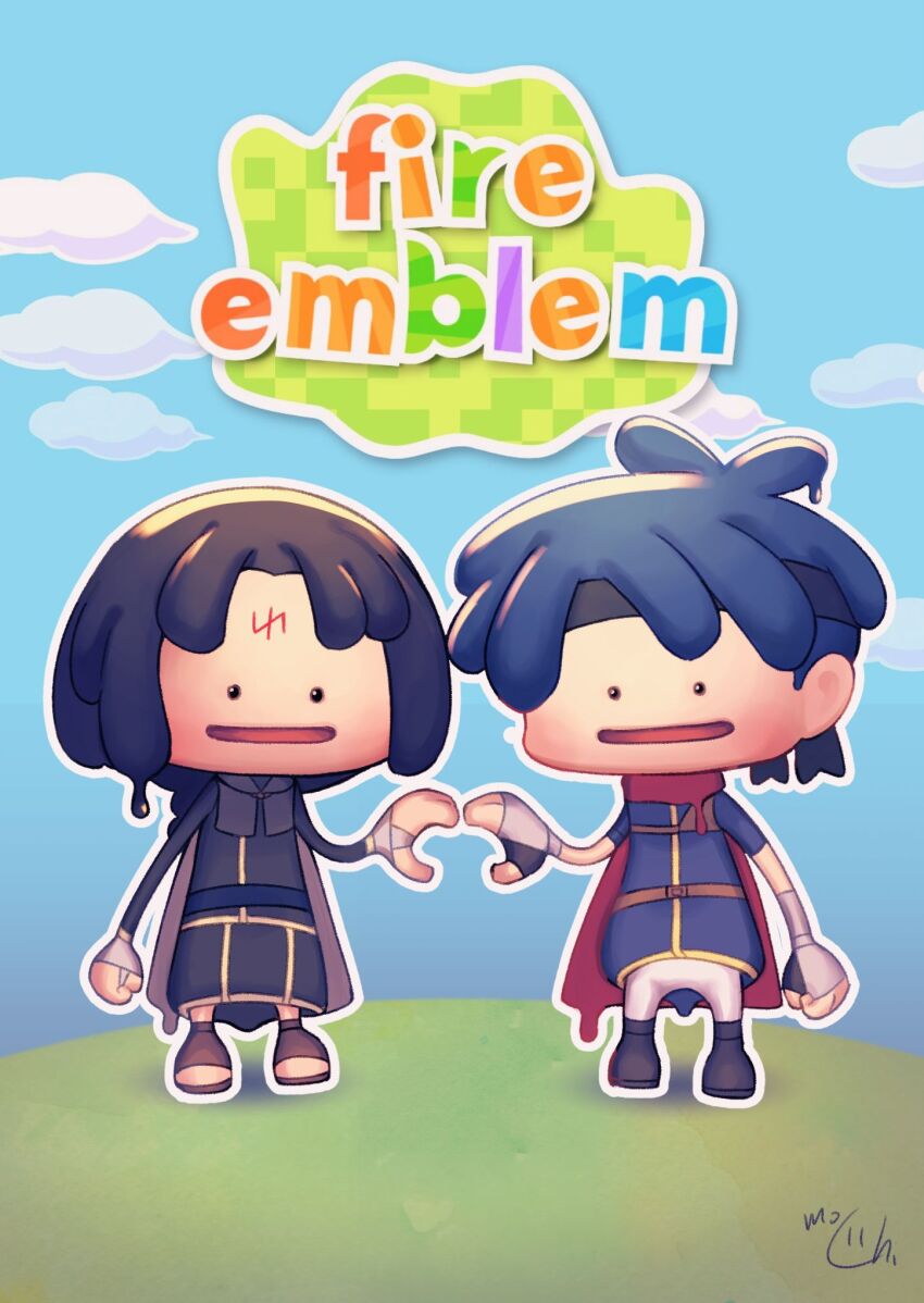 2boys, black_hair, blue_hair, commentary_request, copyright_name, ditto, facial_mark, fire_emblem