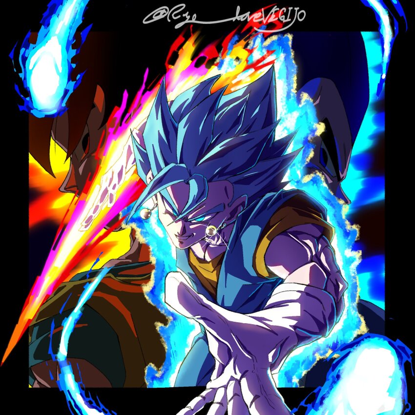 3boys, arm_blade, aura, black_border, blue_eyes, blue_hair, border, dragon_ball