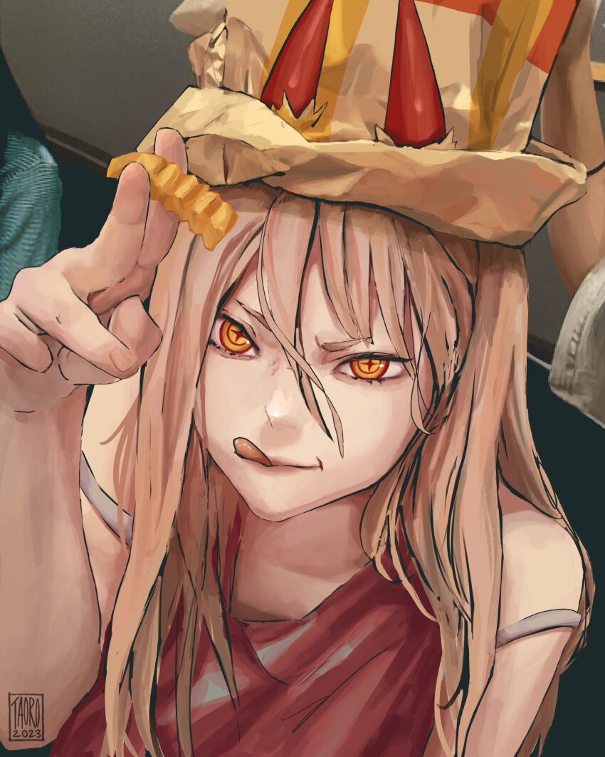 1girl, 1other, 2023, bag, bag_on_head, blonde_hair, bra_strap, chainsaw_man, commentary, crinkle-cut_fries, cross-shaped_pupils, english_commentary, food, french_fries, hair_between_eyes, highres, holding, holding_food, horns, horns_through_headwear, long_hair, multicolored_eyes, paper_bag, photo_background, power_(chainsaw_man), red_eyes, red_horns, red_tank_top, signature, solo_focus, strap_slip, symbol-shaped_pupils, tank_top, taorotana, tongue, tongue_out, two-tone_eyes, upper_body, v-shaped_eyebrows, yellow_eyes