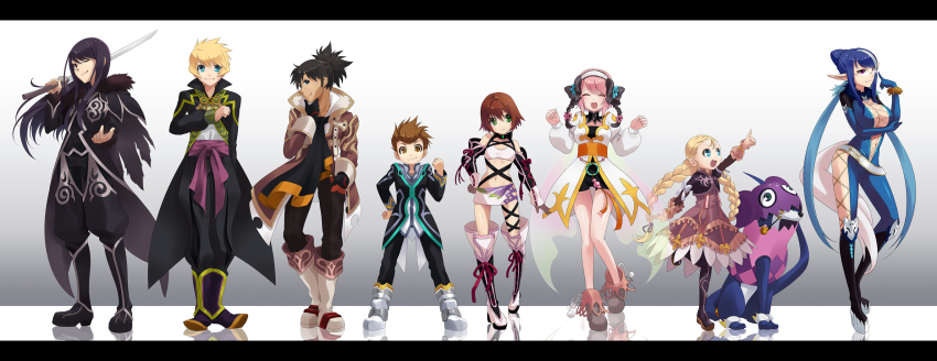 4boys, 4girls, alvin_(tales), alvin_(tales)_(cosplay), alvin_(tales_of_xillia)_(cosplay), boots, cosplay, dog, elize_lutus, elize_lutus_(cosplay), estellise_sidos_heurassein, flynn_scifo, full_body, highres, in-franchise_crossover, jude_mathis, jude_mathis_(cosplay), judith_(tales), karol_capel, keiko_rin, knee_boots, leia_rolando, leia_rolando_(cosplay), letterboxed, long_image, milla_maxwell, milla_maxwell_(cosplay), multiple_boys, multiple_girls, patty_fleur, presa_(tales), presa_(tales)_(cosplay), purple_footwear, raven_(tales), repede_(tales), rita_mordio, rowen_j._ilbert, rowen_j._ilbert_(cosplay), tales_of_(series), tales_of_vesperia, tales_of_xillia, teepo_(tales), teepo_(tales)_(cosplay), wide_image, wingar_(cosplay), wingul_(tales), wingul_(tales)_(cosplay), yuri_lowell