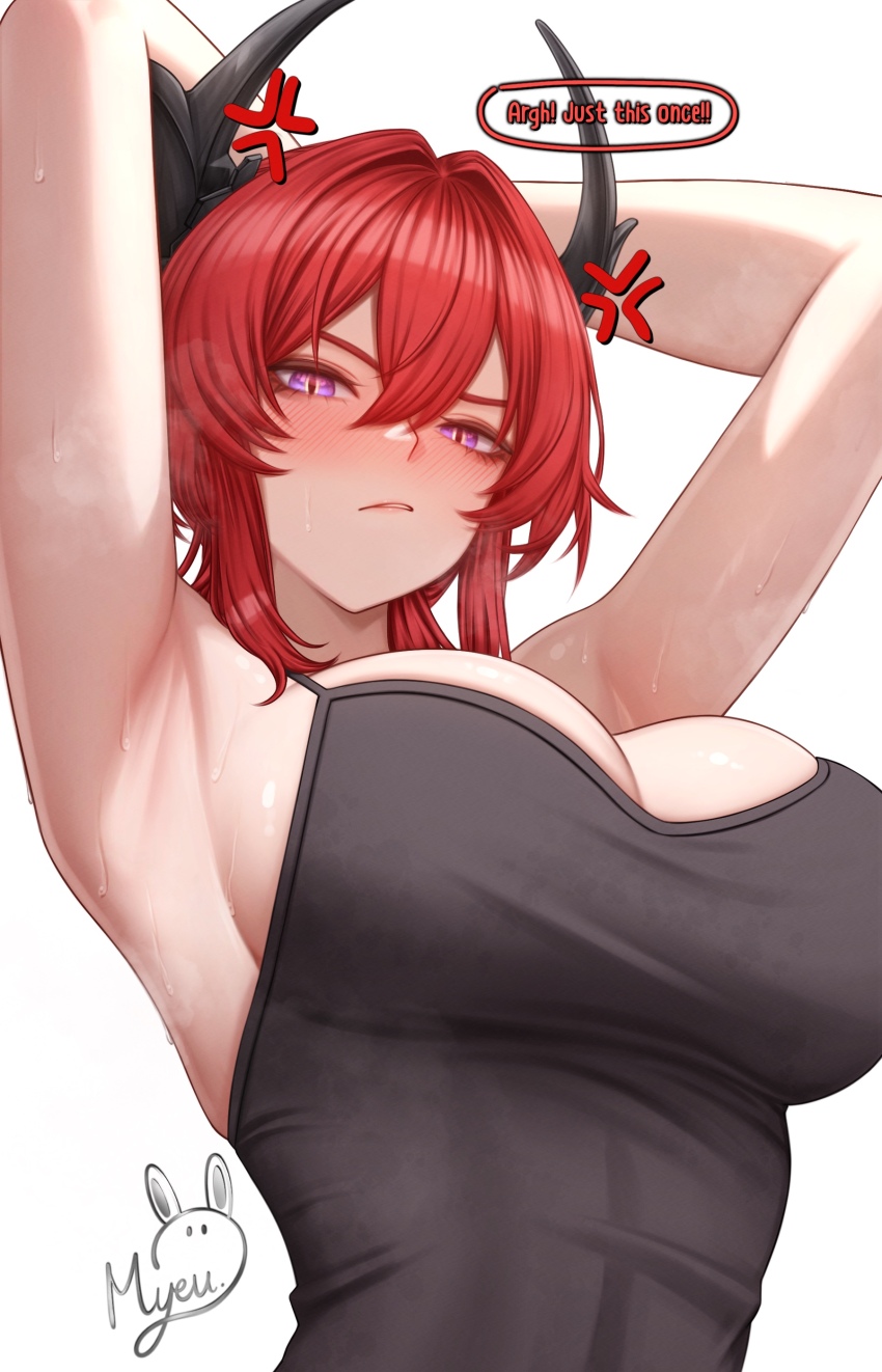 1girl, absurdres, anger_vein, arknights, arknights:_endfield, armpits, artist_name, black_horns, blush, breasts, commentary, demon_girl, demon_horns, english_commentary, english_text, grey_tabard, highres, horns, laevatain_(arknights), large_breasts, looking_at_viewer, myeu, purple_eyes, red_hair, short_hair, solo, speech_bubble, surtr_(arknights), tabard