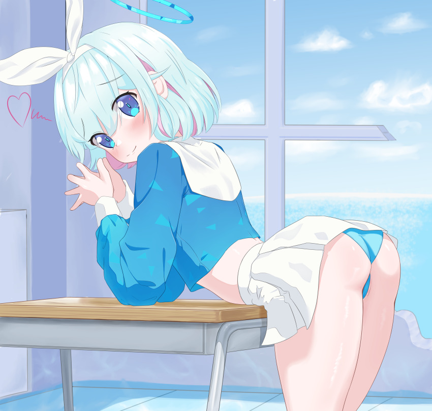 1girl, absurdres, arona_(blue_archive), ass, blue_archive, blue_eyes, blush, cloud