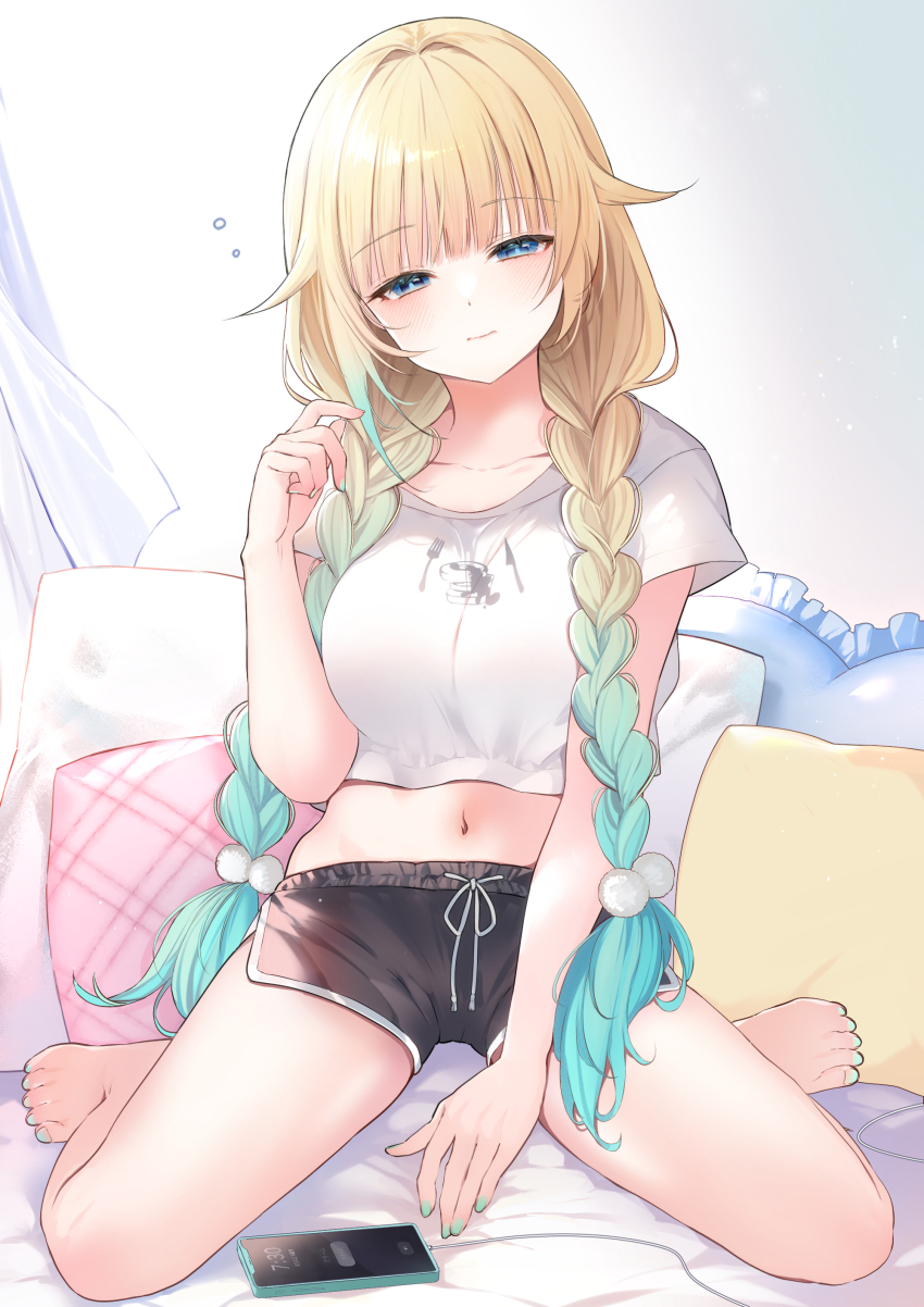 1girl, absurdres, aizawa_ema, aizawa_ema_(4th_costume), arm_at_side, barefoot, between_legs, black_shorts, blonde_hair, blush, braid, braided_twintails, breasts, cellphone, closed_mouth, commentary_request, crop_top, cropped_shirt, dolphin_shorts, drawstring, food_print, full_body, gradient_hair, hair_bobbles, hair_ornament, hair_over_shoulder, half-closed_eyes, hand_between_legs, hand_up, highres, large_breasts, long_hair, looking_at_viewer, manyako_(mohumohu), midriff, multicolored_hair, navel, on_bed, pancake_print, phone, pillow, print_shirt, shirt, short_shorts, short_sleeves, shorts, sitting, smartphone, solo, squeans, t-shirt, twin_braids, tying_hair, very_long_hair, virtual_youtuber, vspo!, wariza, white_shirt, wispy_bangs
