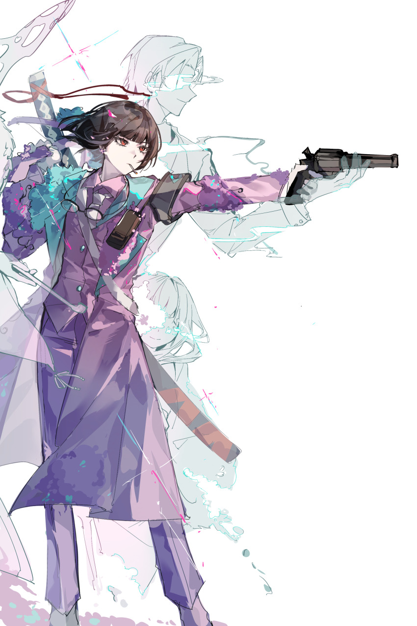 1boy, 2girls, absurdres, achabushicha, araya_(project_moon), black_hair, blunt_bangs, bob_cut