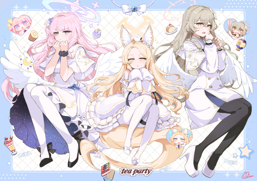 3girls, angel_wings, animal_ear_fluff, animal_ears, black_neckerchief, blonde_hair, blue_archive, blue_bow