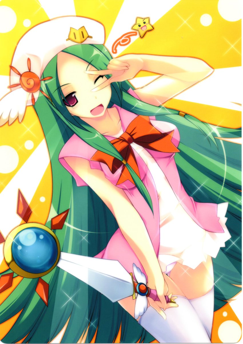 1girl, absurdres, bow, breasts, dress, female_focus, green_hair, hat