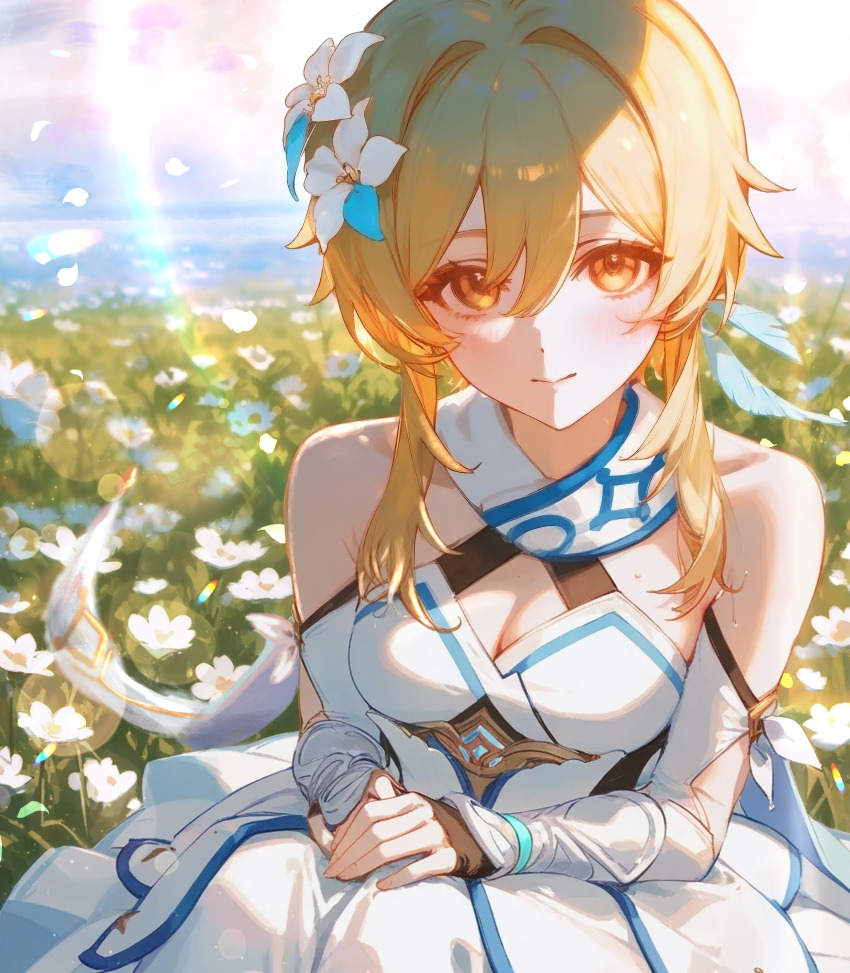 1girl, absurdres, bare_shoulders, blonde_hair, breasts, cleavage, closed_mouth, commentary_request