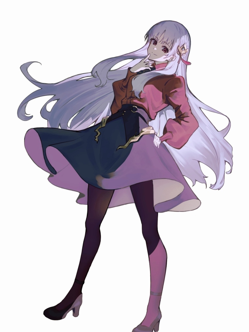 commentary, dress, fate/strange_fake, fate_(series), fillia_(fate), finger_to_mouth, hair_ornament, highres