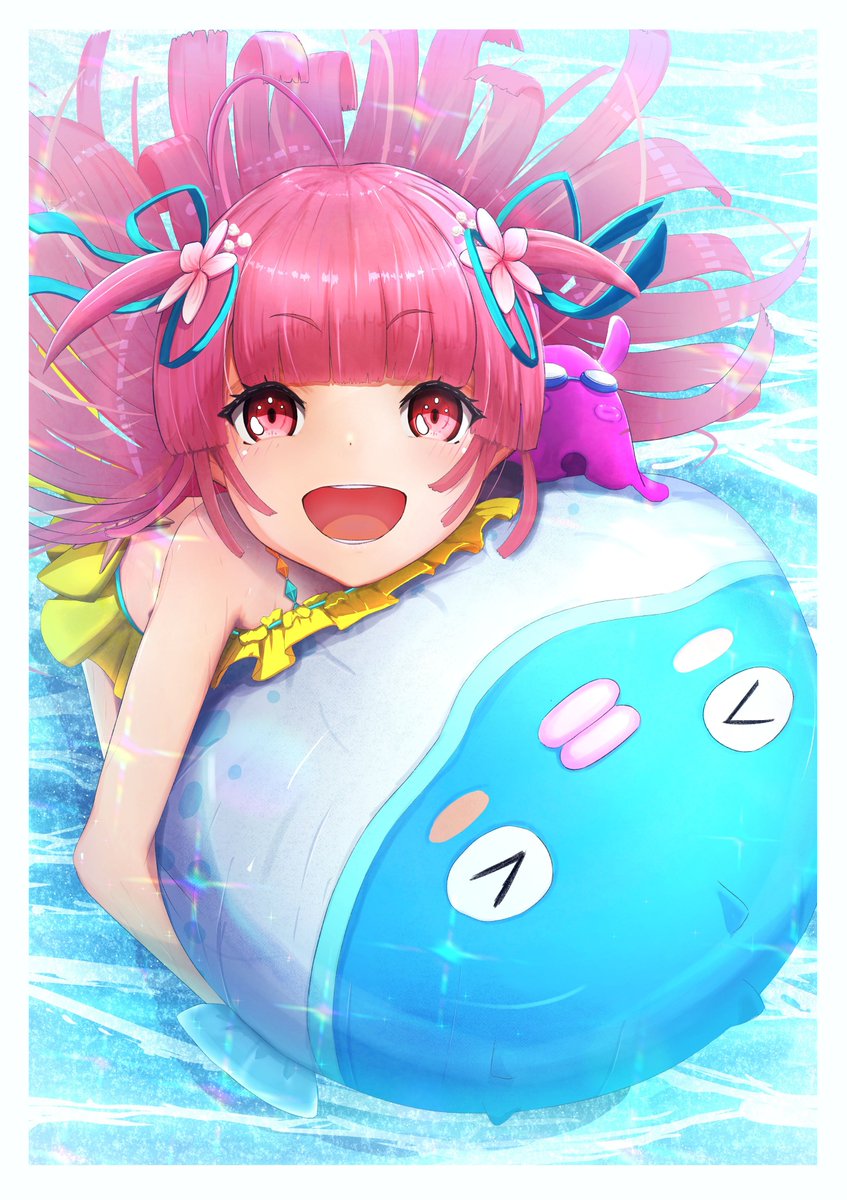 1girl, :d, ahoge, bikini, blue_ribbon, blunt_bangs, blunt_ends, blush