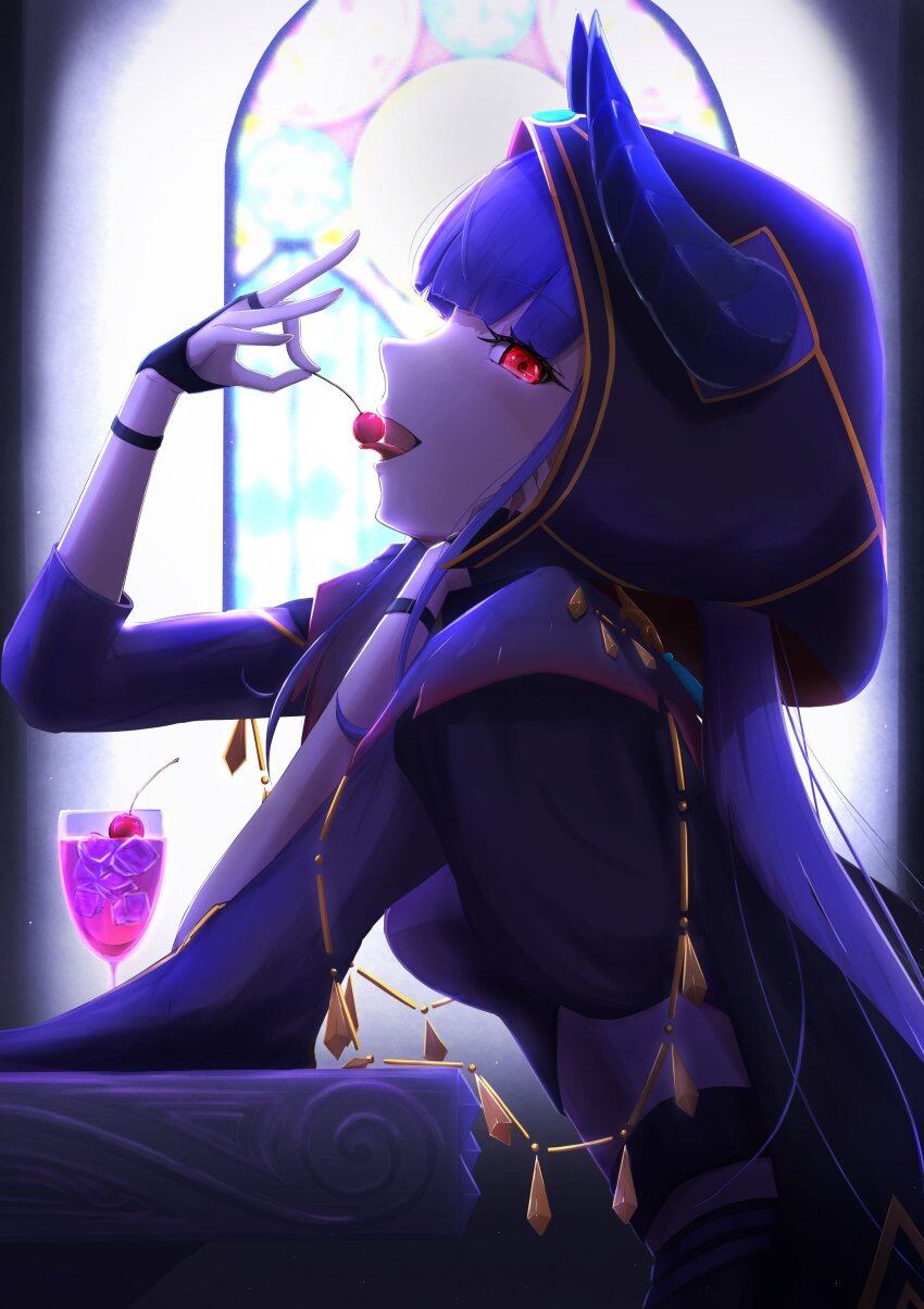 1girl, :d, absurdres, backlighting, black_dress, black_gloves, blue_hair, blunt_bangs