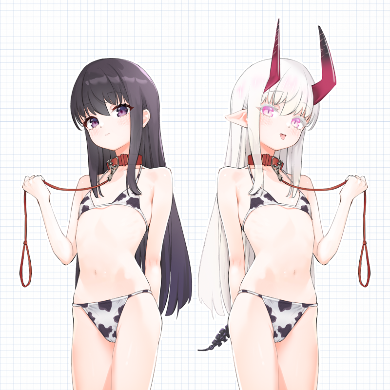2girls, amuzaki_romu, animal_collar, animal_print, bikini, black_hair, choukou_(alicesoft), choukou_taisen_escalation_heroines, closed_mouth, collar, colored_eyelashes, cow_print, cow_print_bikini, cowboy_shot, demon_girl, demon_horns, demon_tail, dual_persona, flat_chest, grid_background, holding, holding_leash, horns, leash, loli, long_hair, looking_at_viewer, multiple_girls, navel, official_art, open_mouth, pink_eyes, pointy_ears, print_bikini, purple_eyes, red_collar, red_horns, sidelocks, smile, standing, swimsuit, tail, tongue, tongue_out, webp-to-png_conversion, white_hair, youto_hakumei