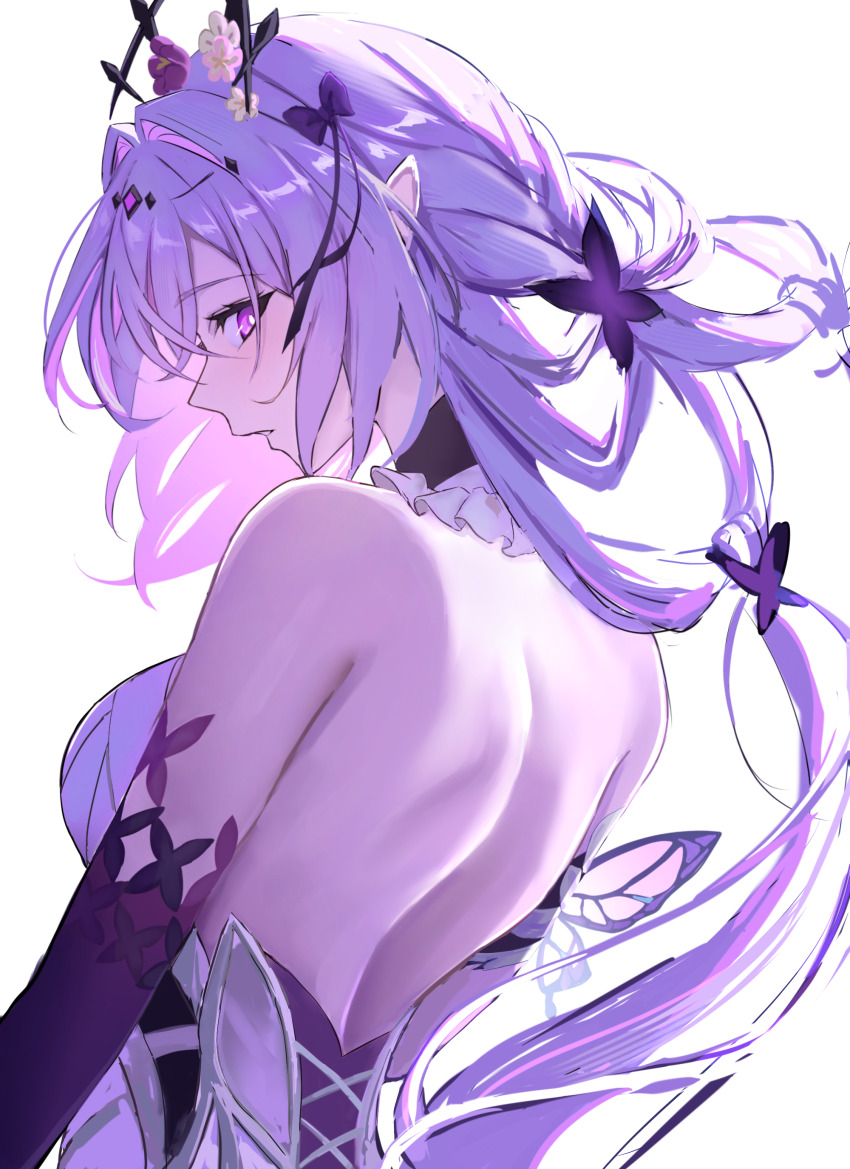 1girl, absurdres, backless_dress, backless_outfit, bare_back, bare_shoulders, bow, bright_pupils