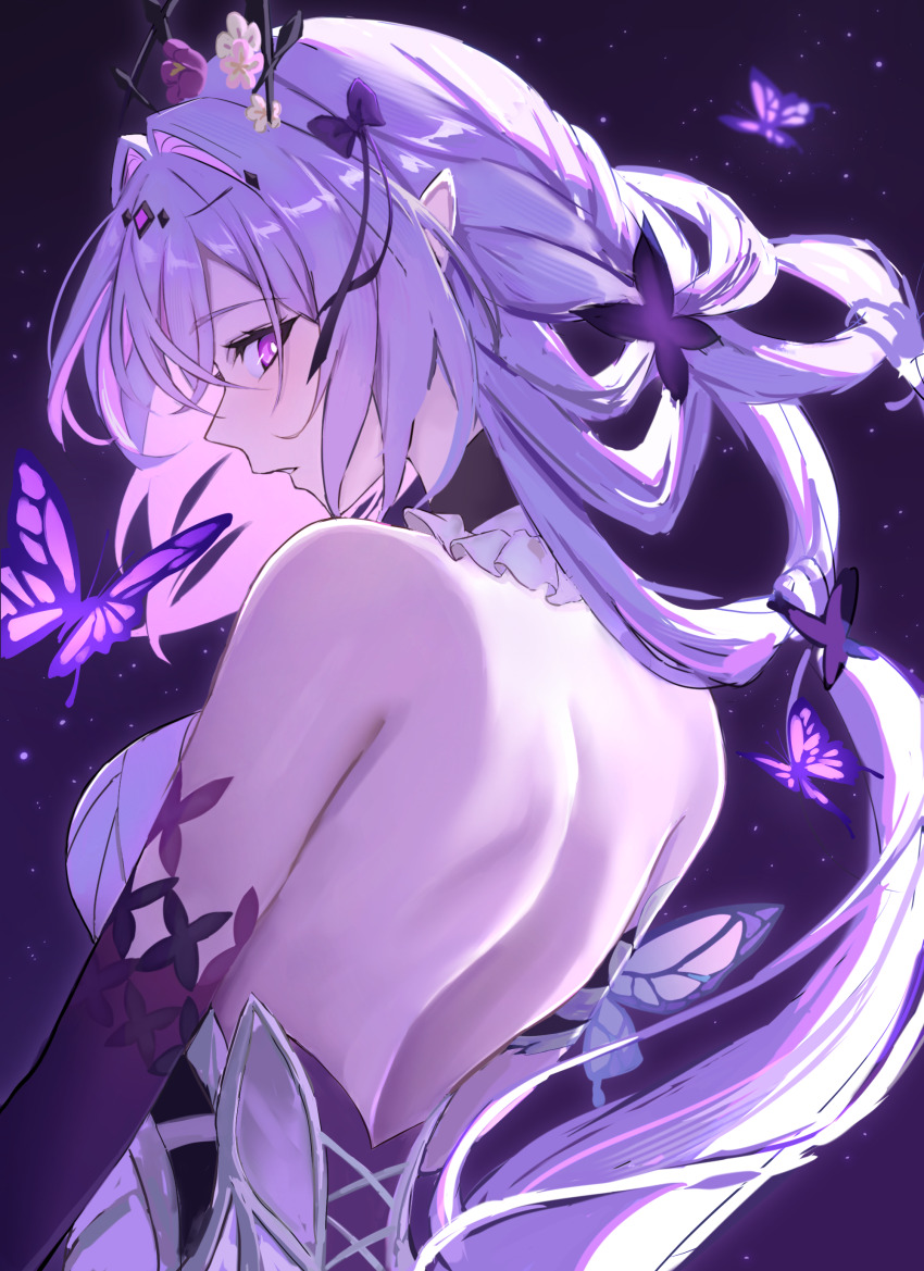 1girl, absurdres, backless_dress, backless_outfit, bare_back, bare_shoulders, black_background, bow